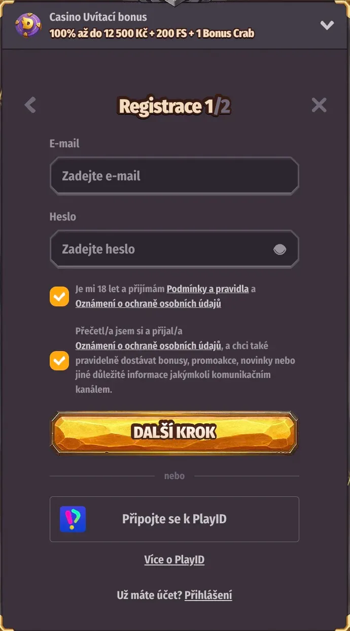 Registrační formulář v Dragonia casino
